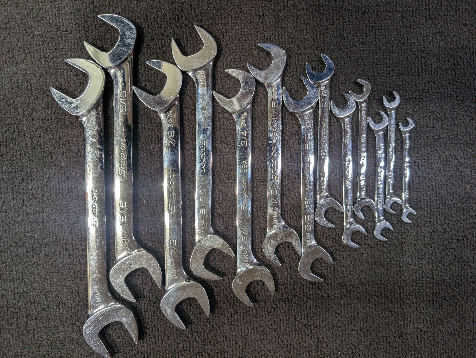 Snap-on angled, open end, SAE wrenches
