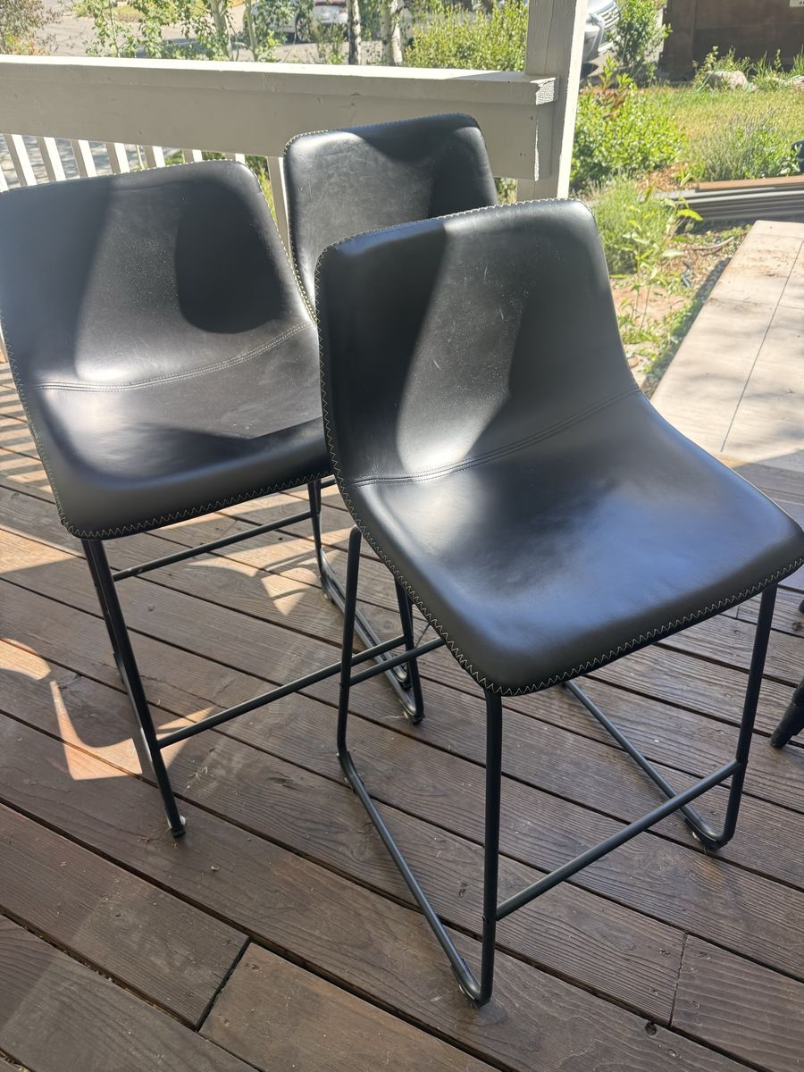 Set of 3 Black Faux Leather Bar Stools with Metal Legs - Modern Counter Height Seating