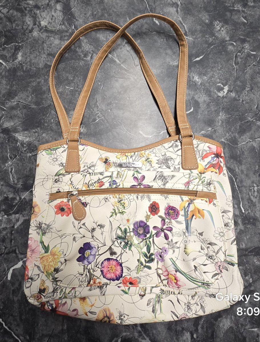 Multi Sac Cream Floral Print Shoulder Bag with Tan Straps - Multi-Compartment purse