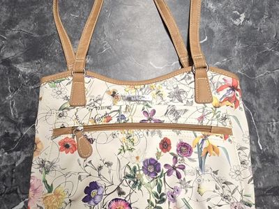 Multi Sac Cream Floral Print Shoulder Bag with Tan Straps - Multi-Compartment purse