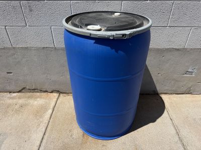 Used 55 Gallon Plastic Drum / Barrel - Blue Chemical Grade - Removable Top - 2 Bung - Storage, Trash Bin, Etc