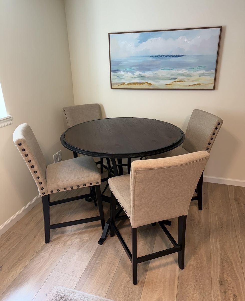 Bar Height Dining Table (45" Dia) & 4 Nailhead Studded Beige Tufted Chairs, Dark Wood/Metal