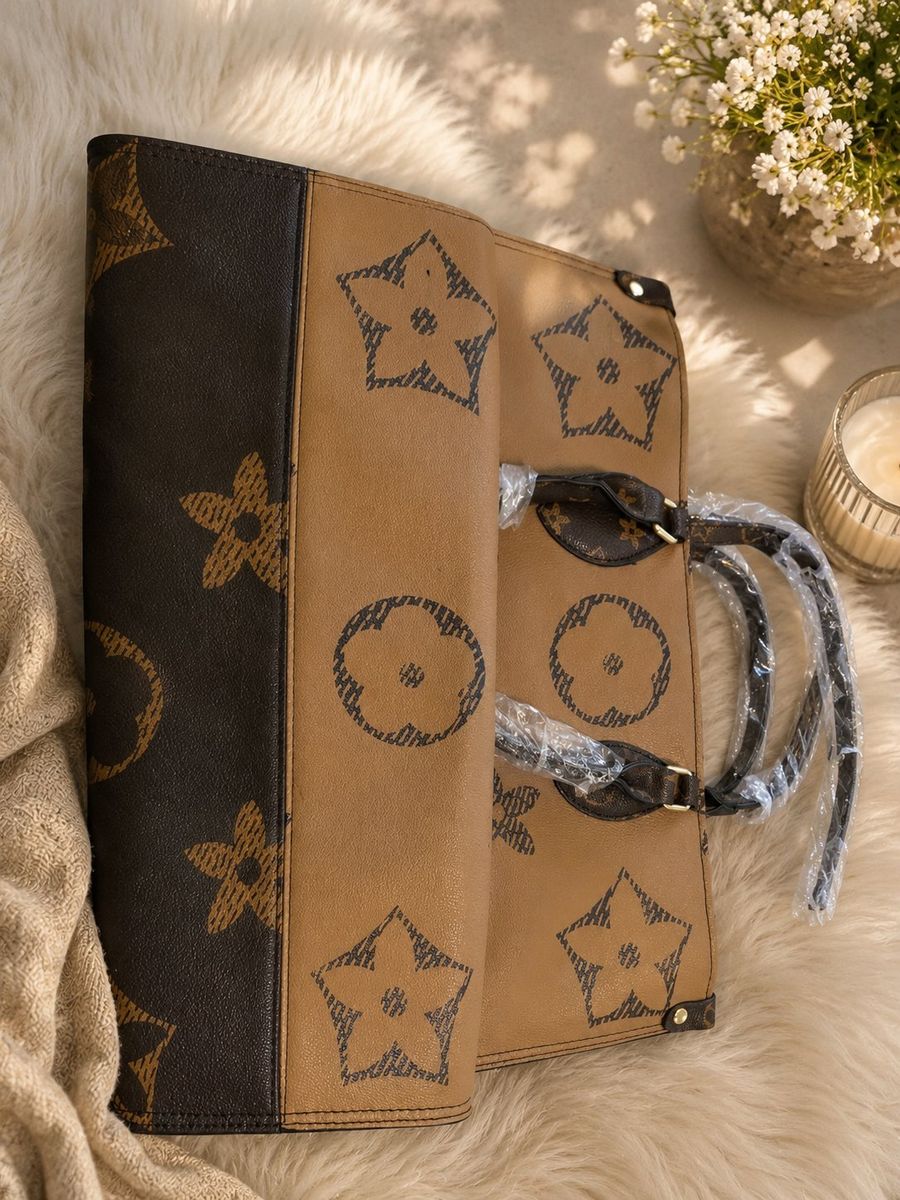 Cute designer-inspired tote bag in a pretty two-tone brown and tan print.