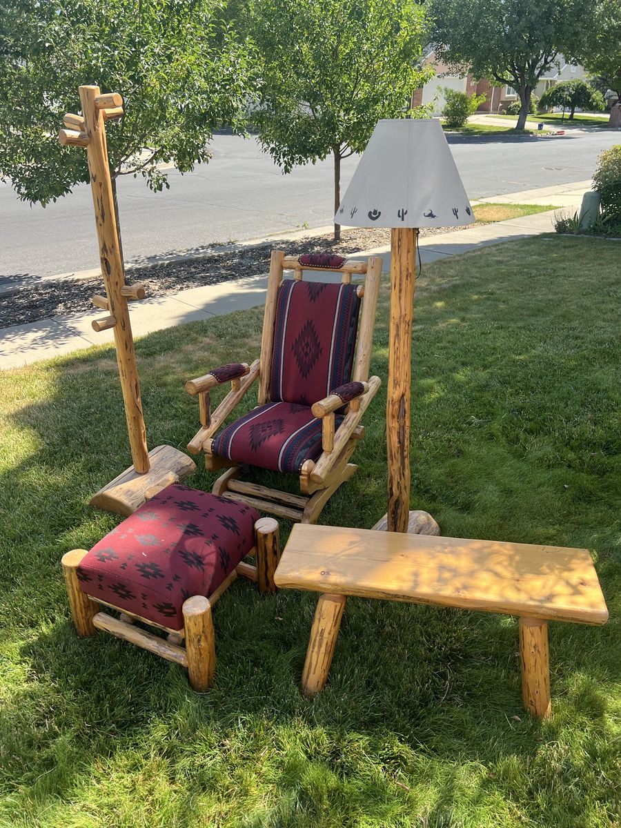 Rustic Log Cabin Furniture Set: Rocker, Ottoman, Lamp, Coat Rack & Bench - Southwest Fabric