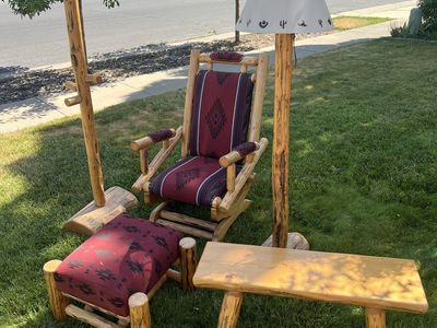 Rustic Log Cabin Furniture Set: Rocker, Ottoman, Lamp, Coat Rack & Bench - Southwest Fabric