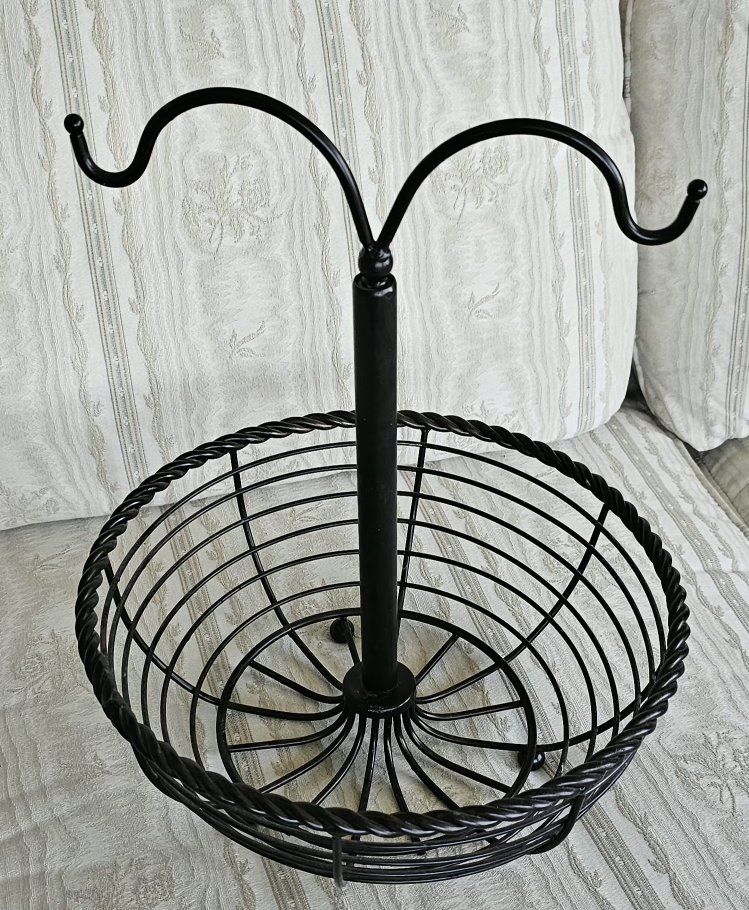 Black Wrought Iron Fruit Basket with Banana Hanger - Kitchen Counter Storage Organizer 12" Wide 14" Tall