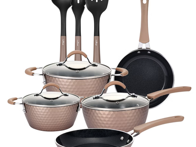 NutriChef 11 Piece Nonstick Diamond Pattern Kitchen Cookware Set, Allura Bronze