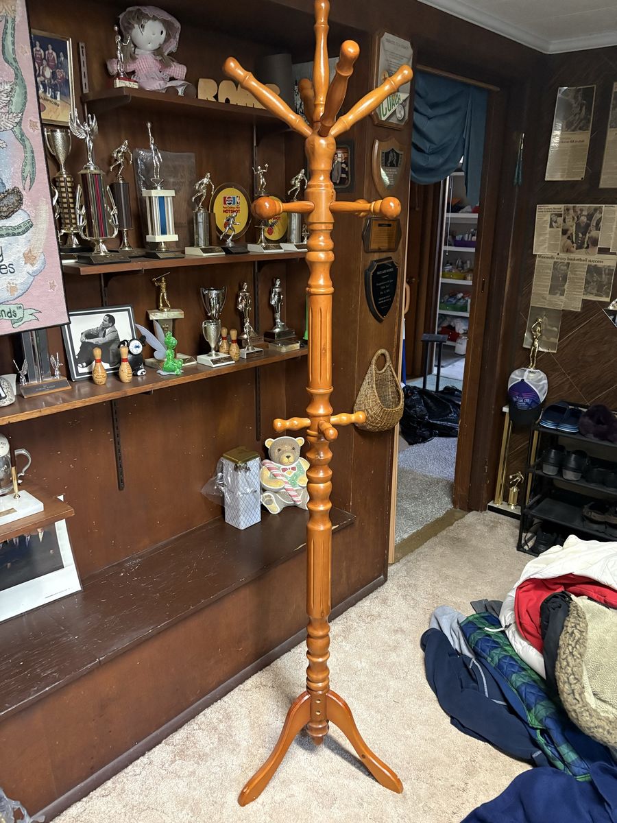 Vintage Wooden Standing Coat Rack Tree with Multiple Pegs