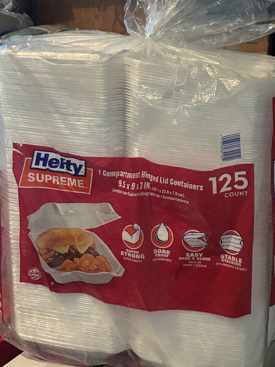 Hefty Supreme 1-Compartment Hinged Lid Containers - 9.5x9x3" - 125 Count, Super Strong & Soak Proof