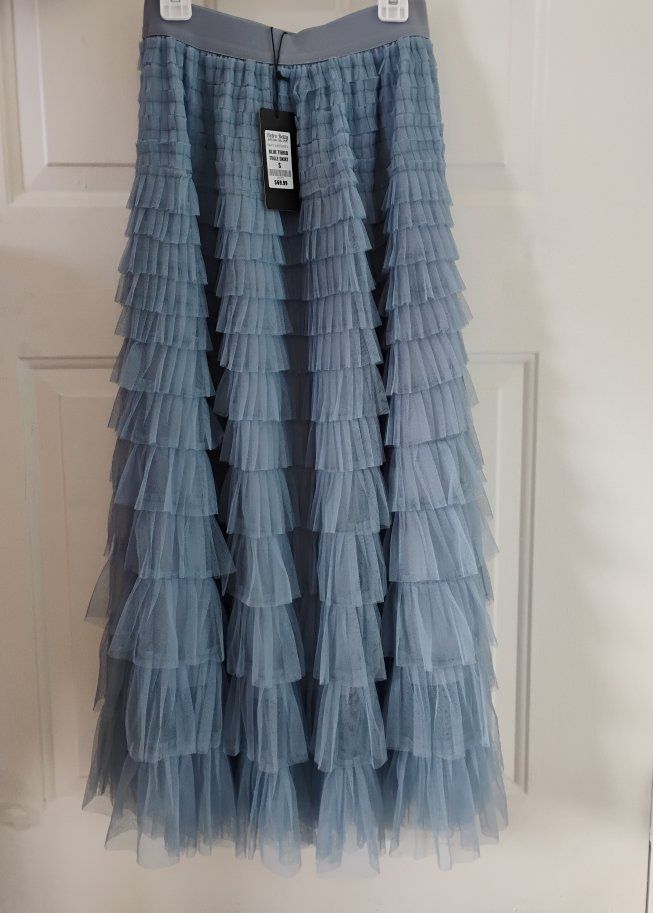 New Women's Blue Ruffled Tulle Maxi Skirt - Size Small - Tiered Design