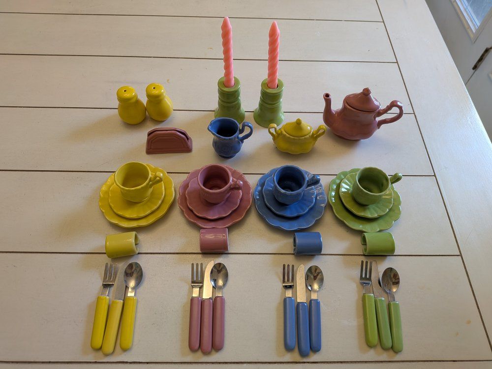 VNTG Ceramic Fiesta Colors Child's Tea Set w/ Cutlery, Candlesticks, S&P Shakers - 40 Pcs