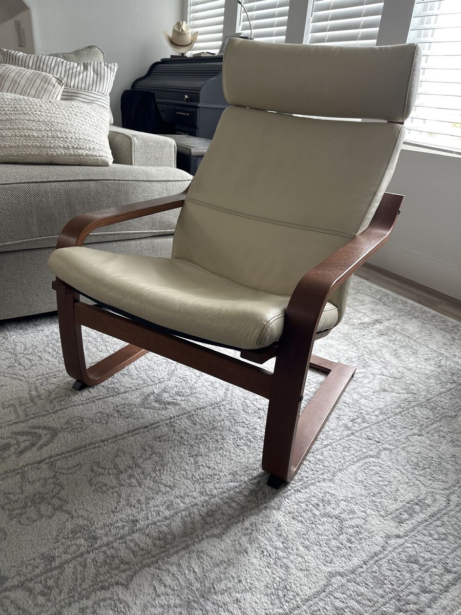 IKEA POÄNG Armchairs (Set of 2) – Brown Frame/Beige Leather, Great Condition