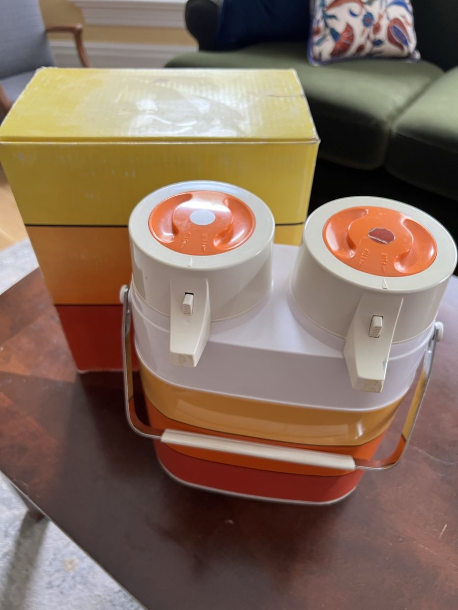 Vintage Retro Orange and White Insulated Twin Beverage Dispenser with Original Box