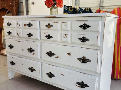 Vintage Distressed White Wooden Dresser with Multiple Drawers