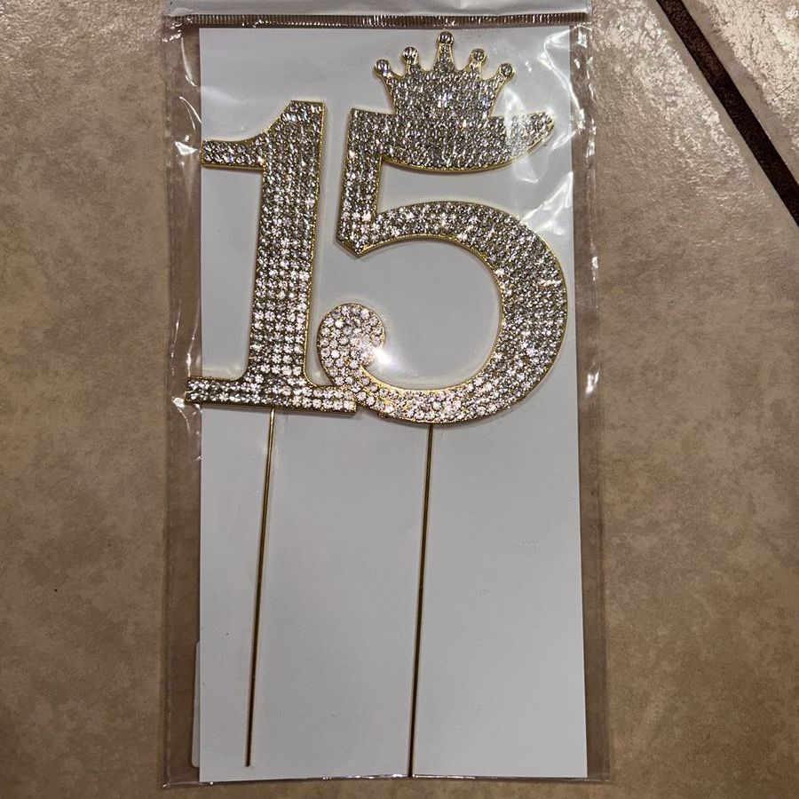 Gold Rhinestone Number "15" Crown Cake Topper - New