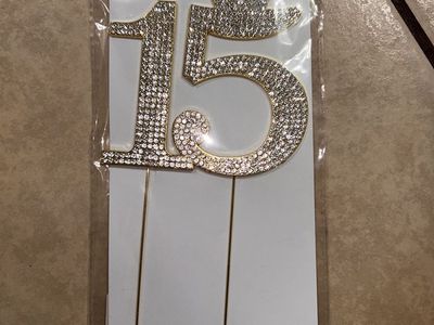 Gold Rhinestone Number "15" Crown Cake Topper - New