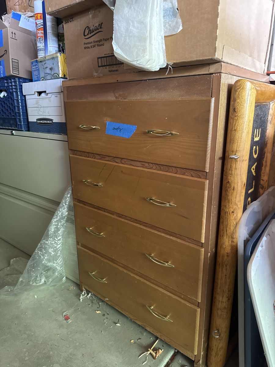 Wooden 4-Drawer Dresser with Gold-Tone Hardware.  28” wide. 19” deep. 42” high