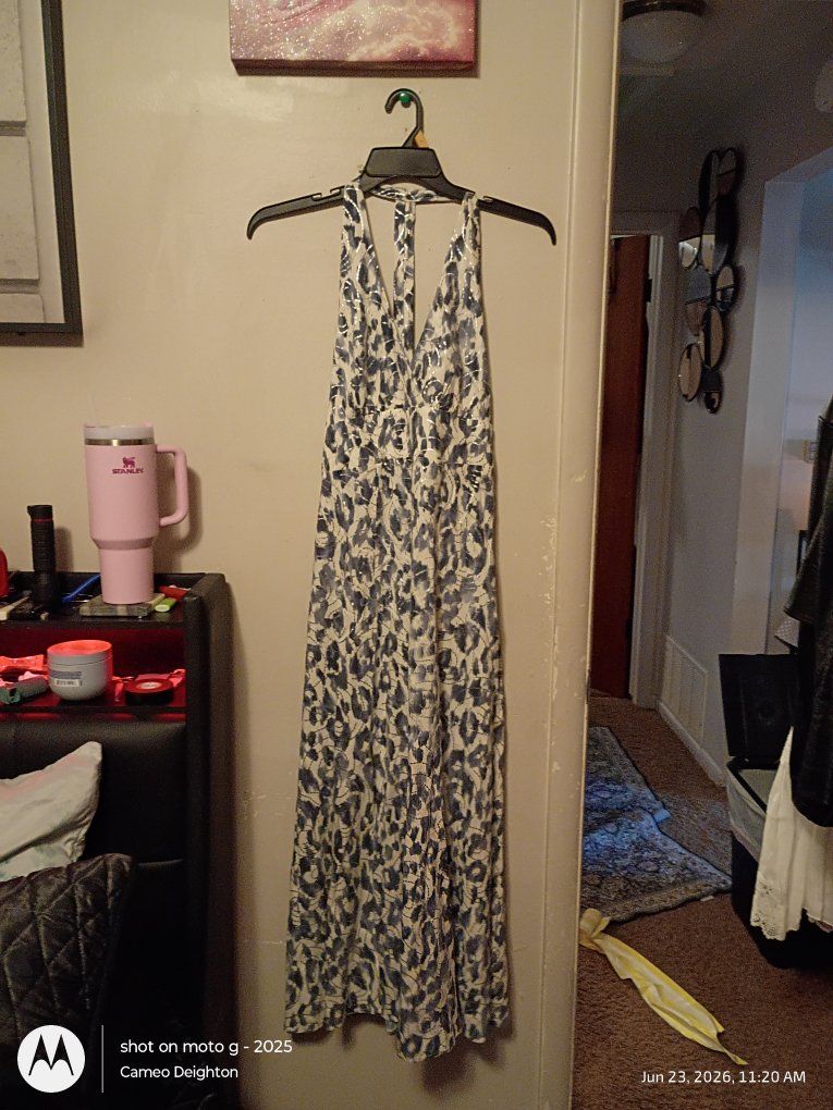 Leopard Print Halter Neck Maxi Dress - Sleeveless, V-Neck