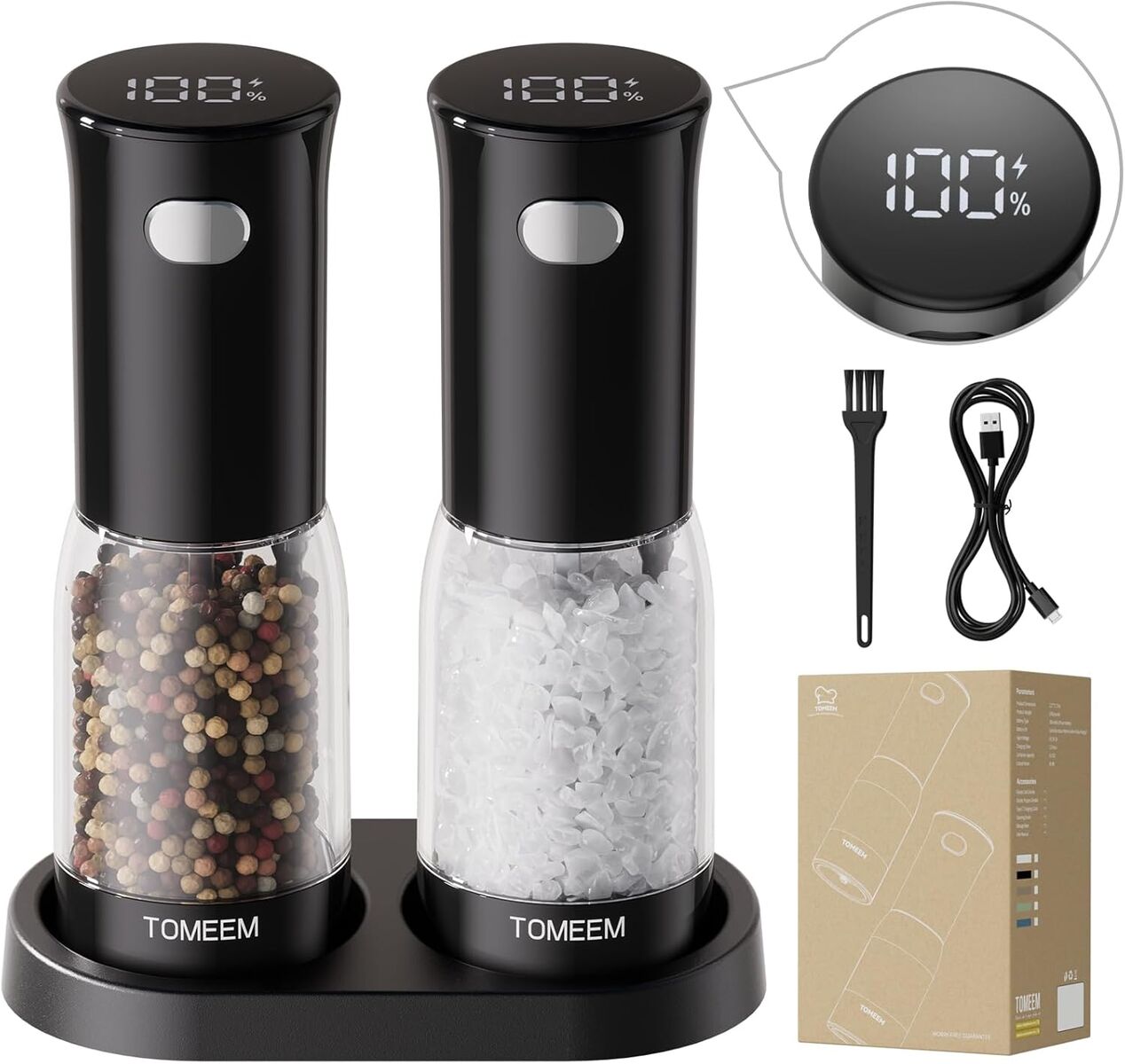 NEW Electric Salt and Pepper Grinder Set – Rechargeable with LED Power Indicator, 5-Level Adjustable Grinding, LED Light