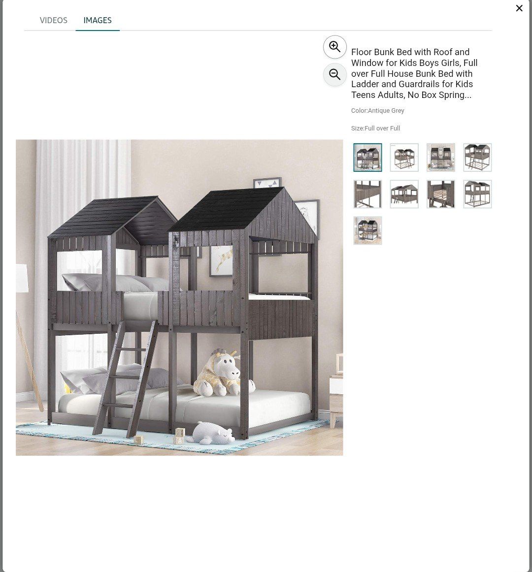 Full Over Full Wooden House Bunk Bed with Roof, Ladder & Guardrails - Antique Grey