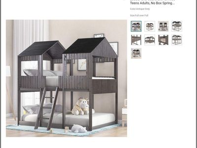 Full Over Full Wooden House Bunk Bed with Roof, Ladder & Guardrails - Antique Grey