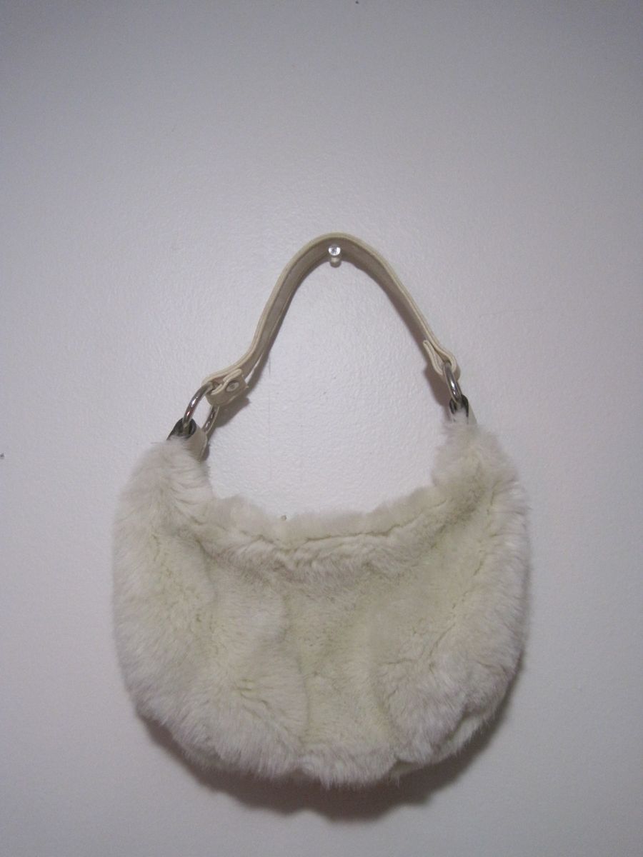 Limited Too Cream Faux Fur Leather Handle Strap Zipper Closure Small Purse Bag