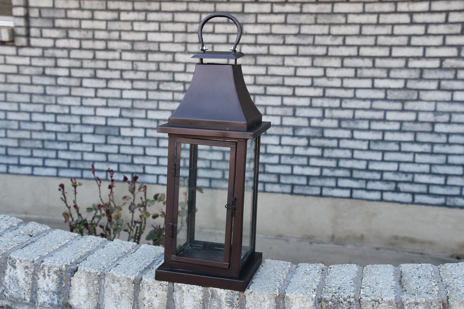 LARGE METAL & GLASS LANTERN ~ BRUSHED BRONZE ~ HEIGHT 18" ~ HEAVY ~ VERY NICE!