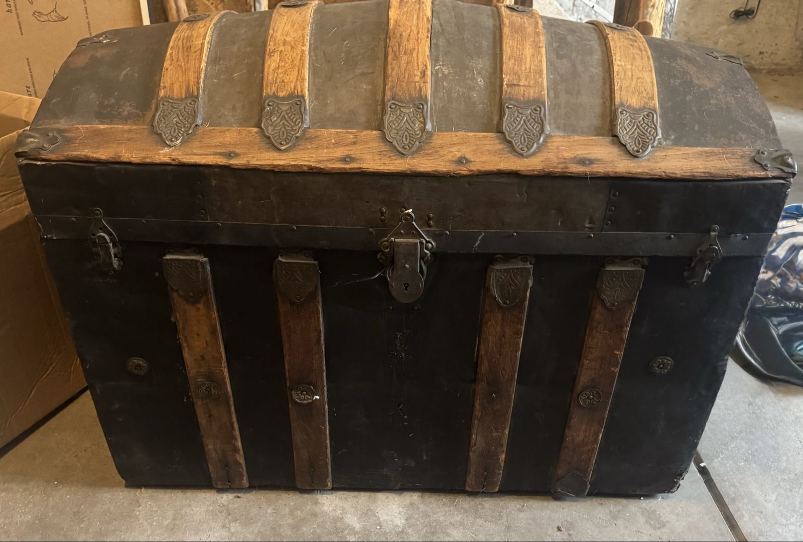 Antique Wooden & Metal Steamer Trunk/Chest - Vintage Storage Decor