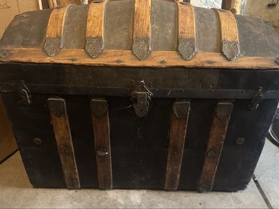 Antique Wooden & Metal Steamer Trunk/Chest - Vintage Storage Decor