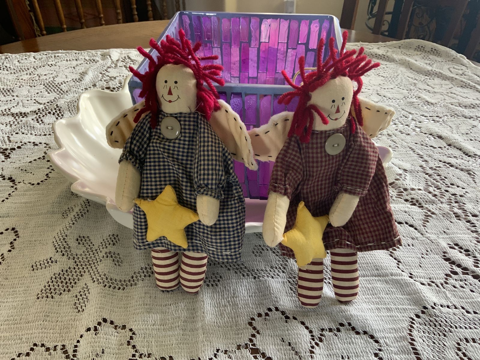Folk Art Angel Raggedy Ann Dolls with Stars Set of 2