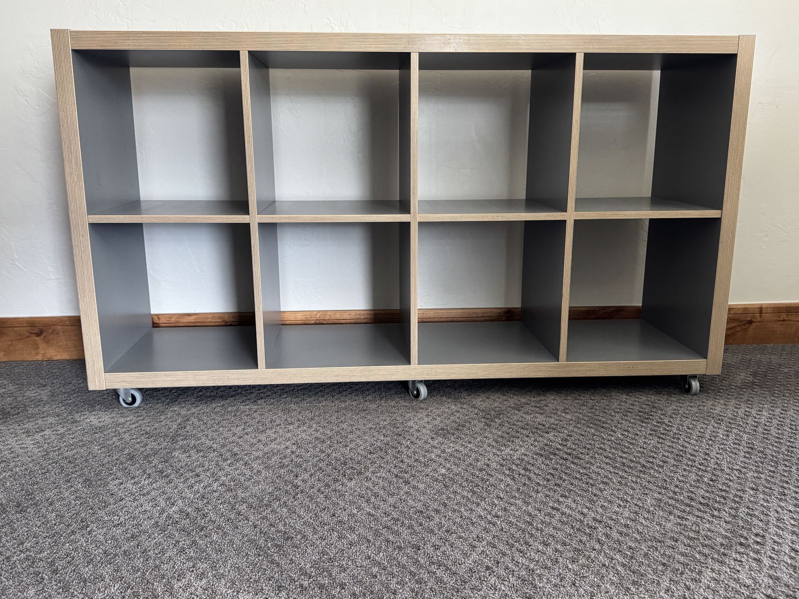 Modern 8-Cube Storage Organizer Shelf with Wheels, Light Wood Trim & Grey Interior 57x15x32