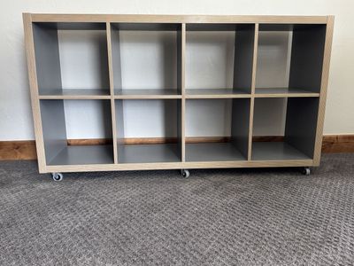 Modern 8-Cube Storage Organizer Shelf with Wheels, Light Wood Trim & Grey Interior 57x15x32
