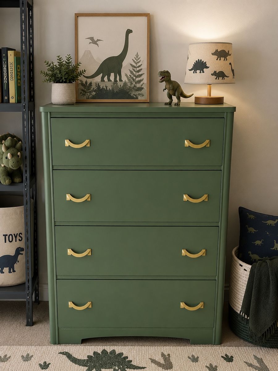 🦖 Refurbished Solid Wood Olive Green Dresser | Nursery • Kids Room • Vintage