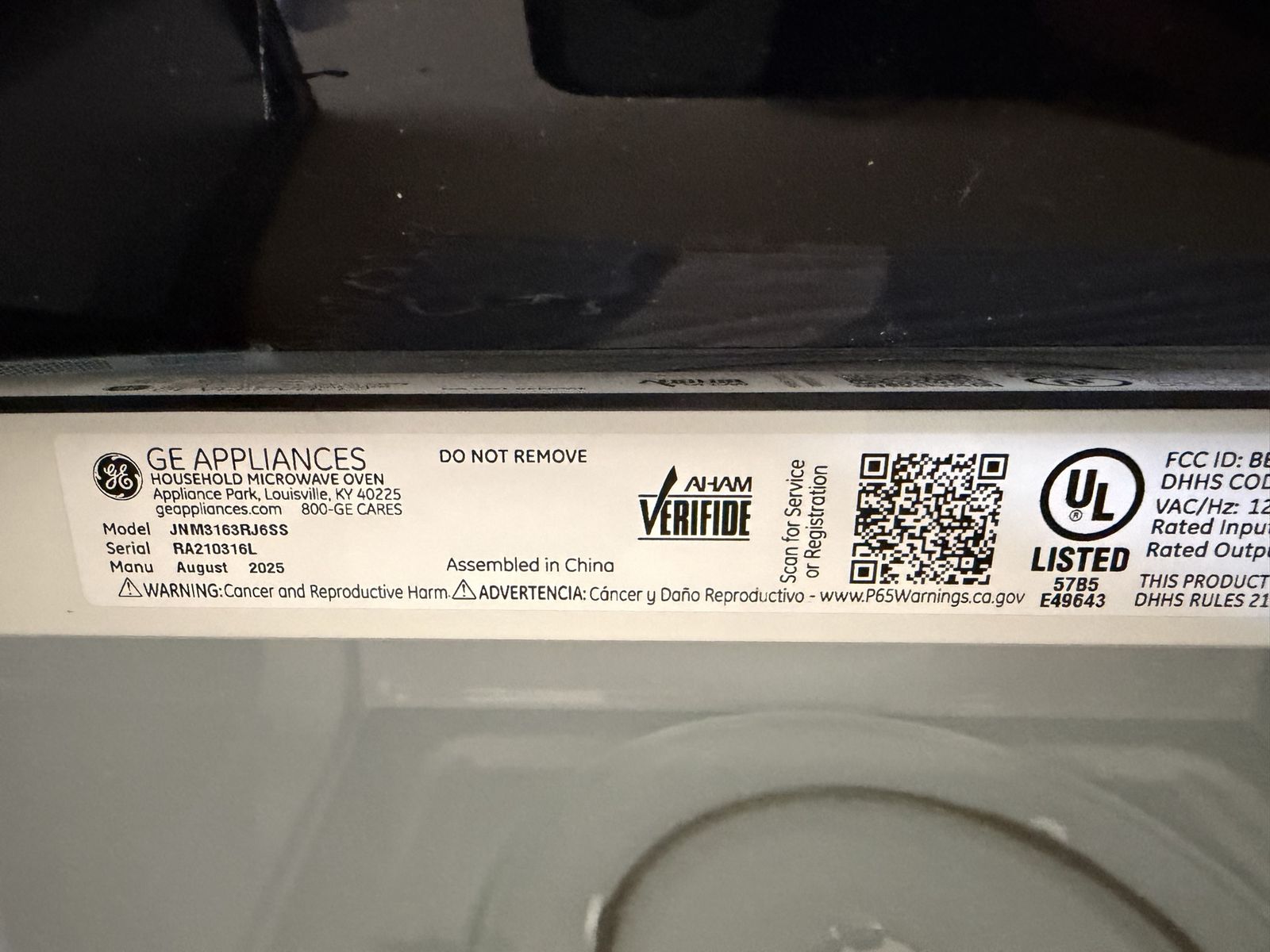 GE Appliances JNM3163RJ3SS Over-the-Range Microwave Oven, Stainless Steel, Manufactured August 2025