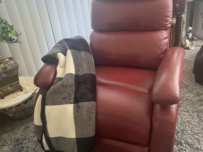 Barcalounger real Leather Recliner Chair - Red, Manual Recline, Padded Armrests and chrome legs.