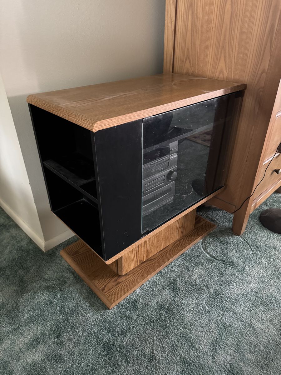 Vintage Oak & Black Media Stand with Glass Door and Side Shelves