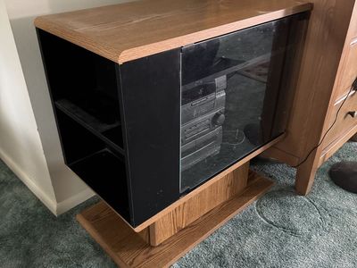 Vintage Oak & Black Media Stand with Glass Door and Side Shelves