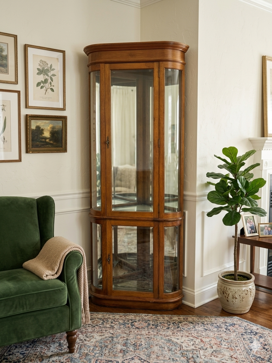 Vintage PULASKI Lighted Wood Corner Curio Cabinet - Pristine - 78x32 - Pristine