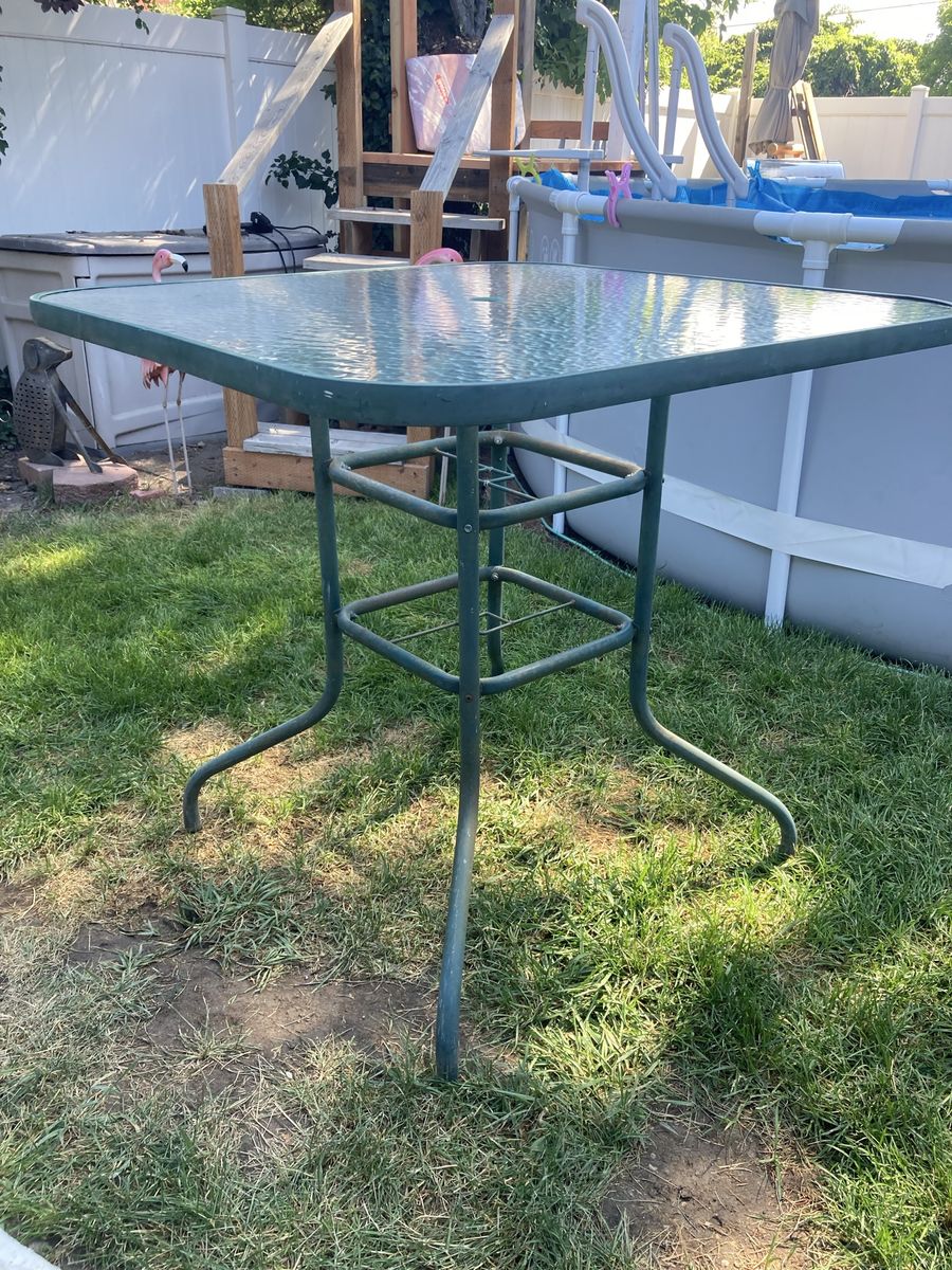 Square Green Metal Patio Bistro Table with Glass Top - Bar-Height Outdoor Dining/Accent Table