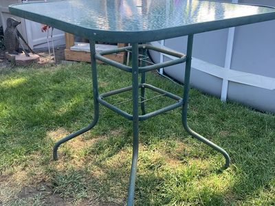 Square Green Metal Patio Bistro Table with Glass Top - Bar-Height Outdoor Dining/Accent Table