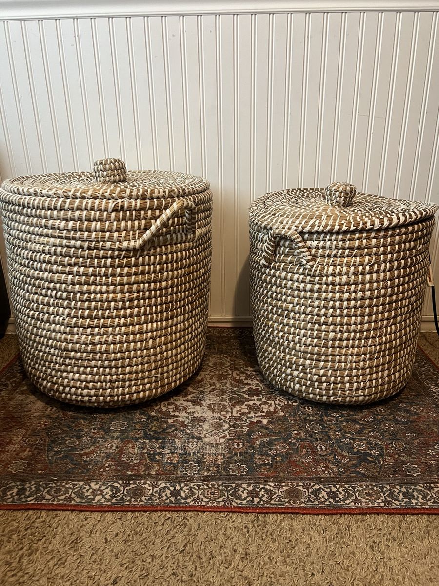 Set of 2 Large Woven Seagrass & Rattan Lidded Storage Baskets with Handles