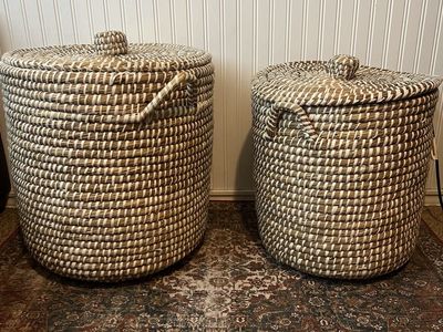Set of 2 Large Woven Seagrass & Rattan Lidded Storage Baskets with Handles