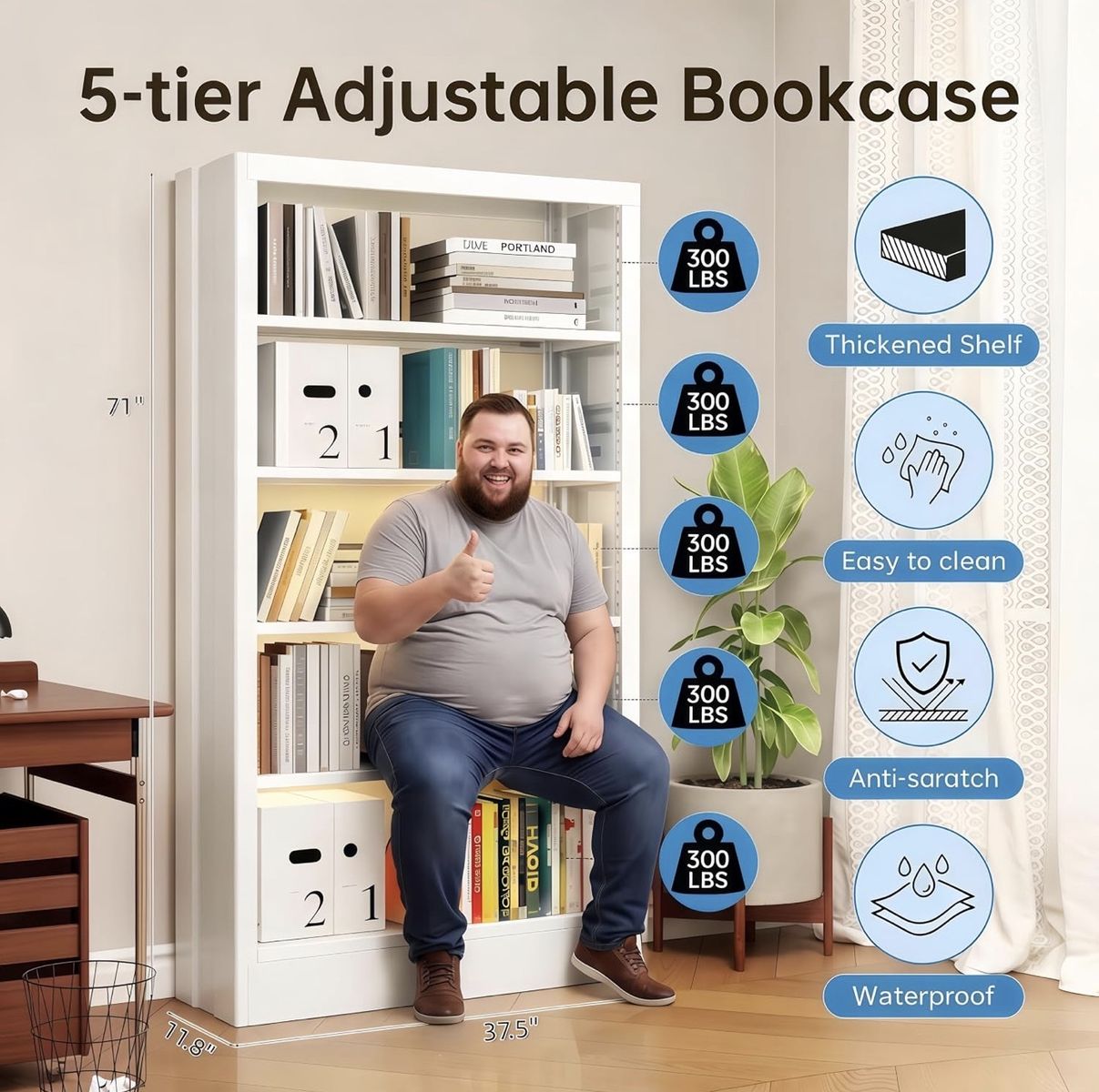 ( New in Box )  71" White Heavy-Duty All-Metal Bookcase - 5-Tier Adjustable Steel Shelves 