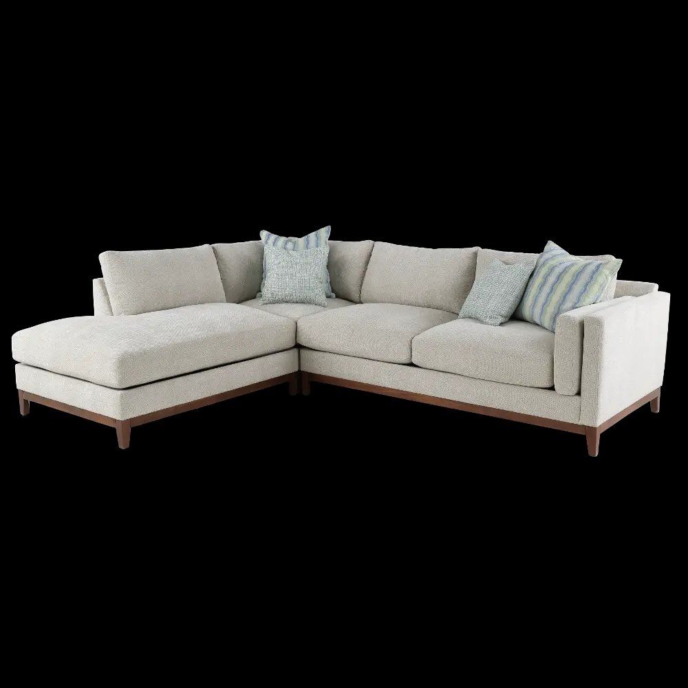 Modern L-Shaped Sectional Sofa with Chaise and Exposed Wood Base, Light Upholstery