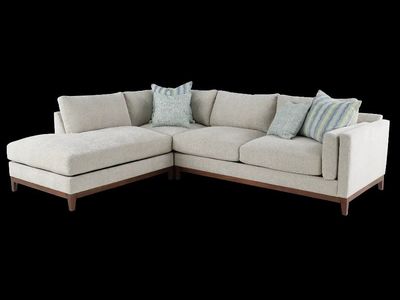 Modern L-Shaped Sectional Sofa with Chaise and Exposed Wood Base, Light Upholstery