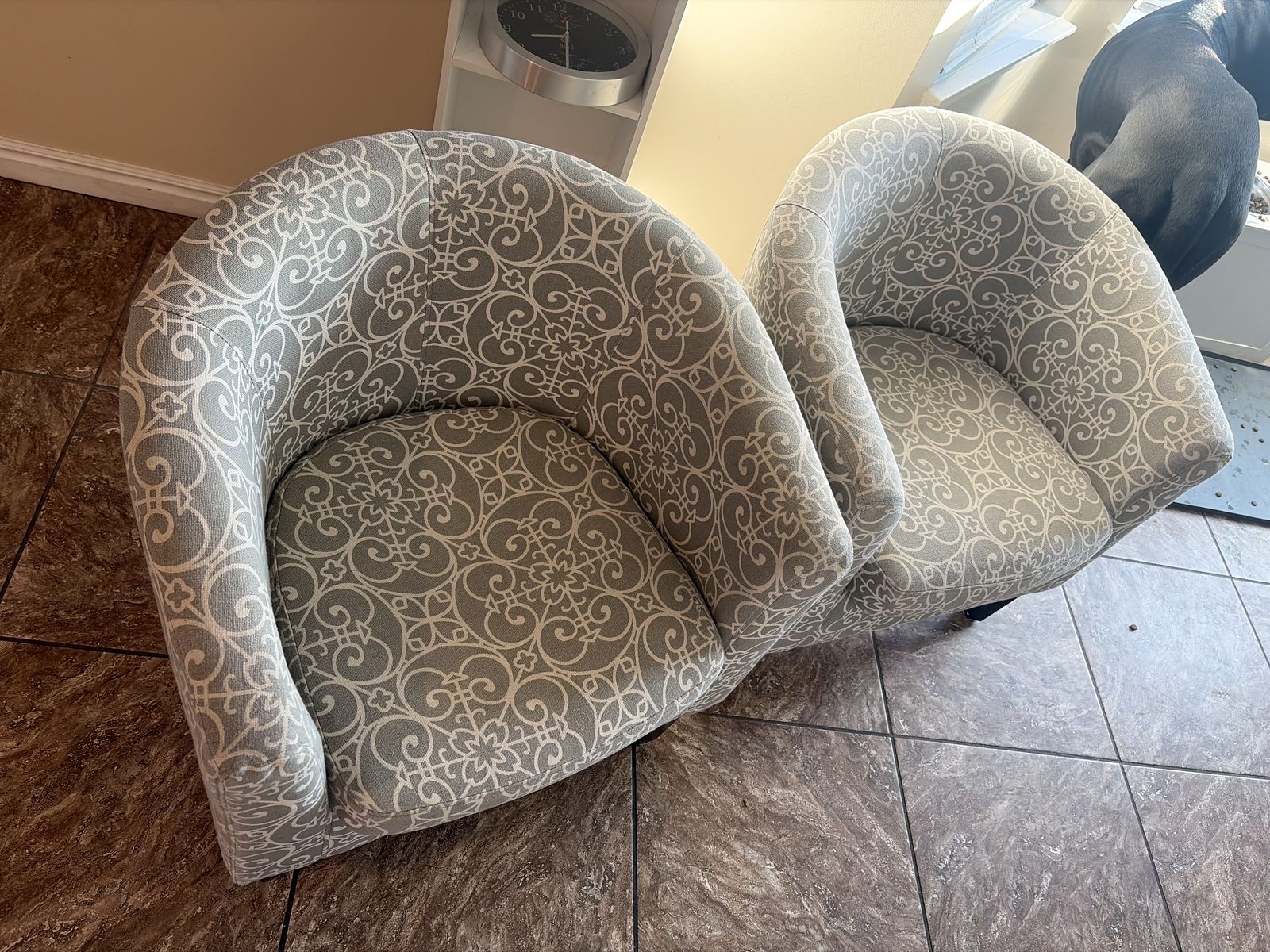 Set of 2 Grey and White Patterned Barrel Accent Chairs with Dark Wood Legs