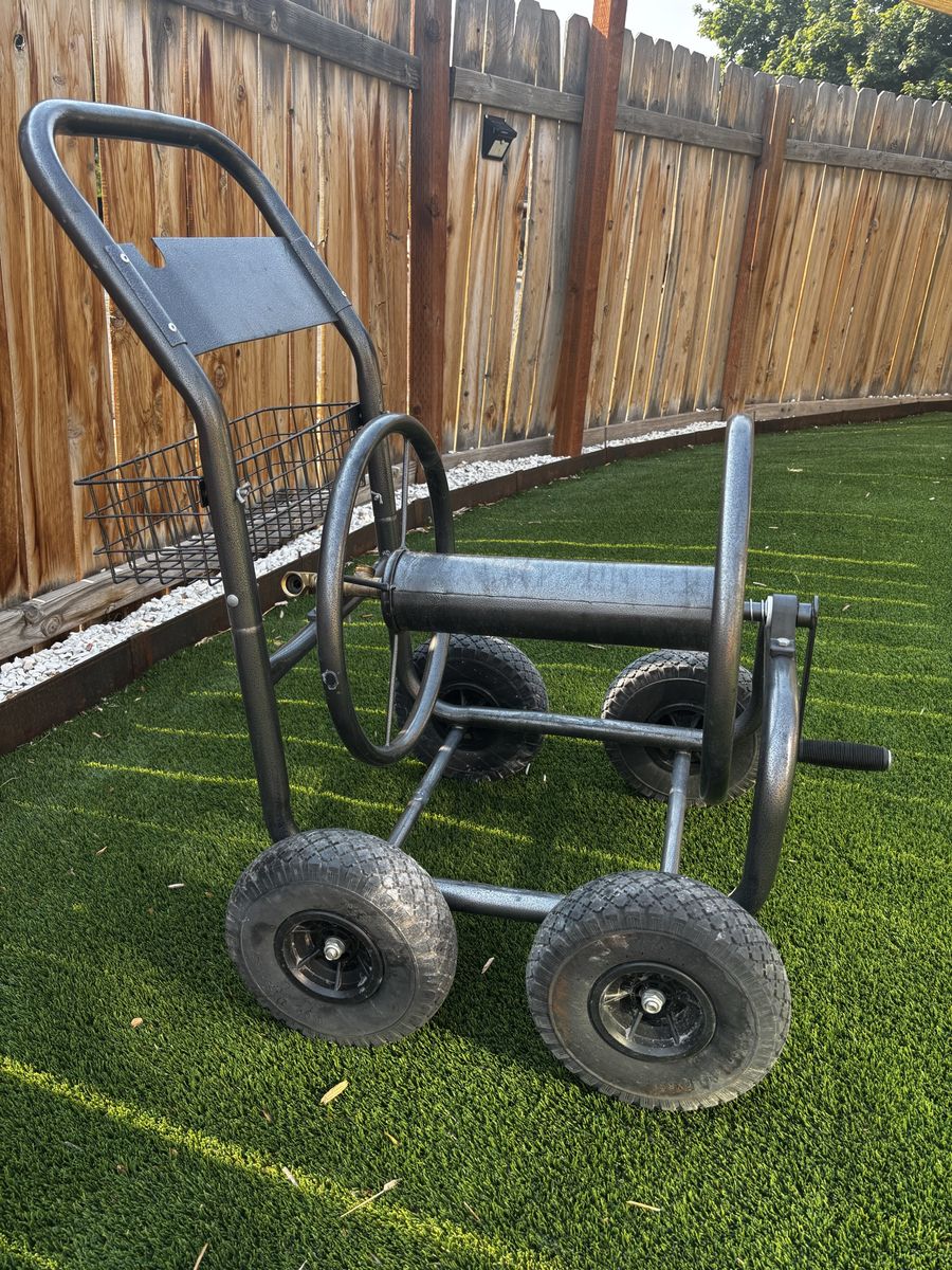 Heavy-Duty Mobile Garden Hose Reel Cart with Pneumatic Tires & Storage Basket