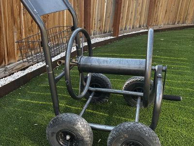 Heavy-Duty Mobile Garden Hose Reel Cart with Pneumatic Tires & Storage Basket