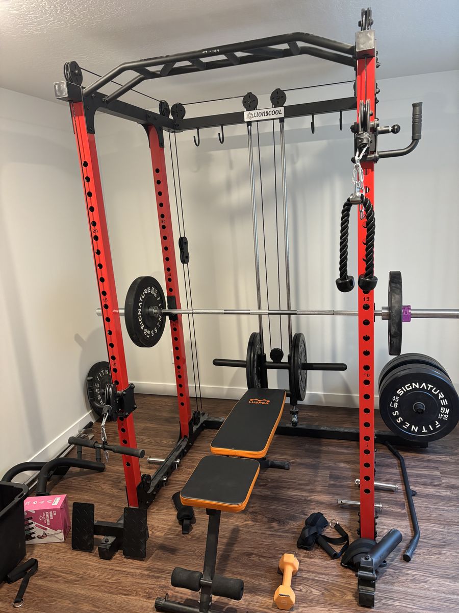 LIONSCOOL Power Cage with Pulley System, Lat Pulldown, Low Row, Weight Bench - Home Gym Fitness Station