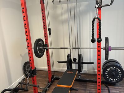LIONSCOOL Power Cage with Pulley System, Lat Pulldown, Low Row, Weight Bench - Home Gym Fitness Station